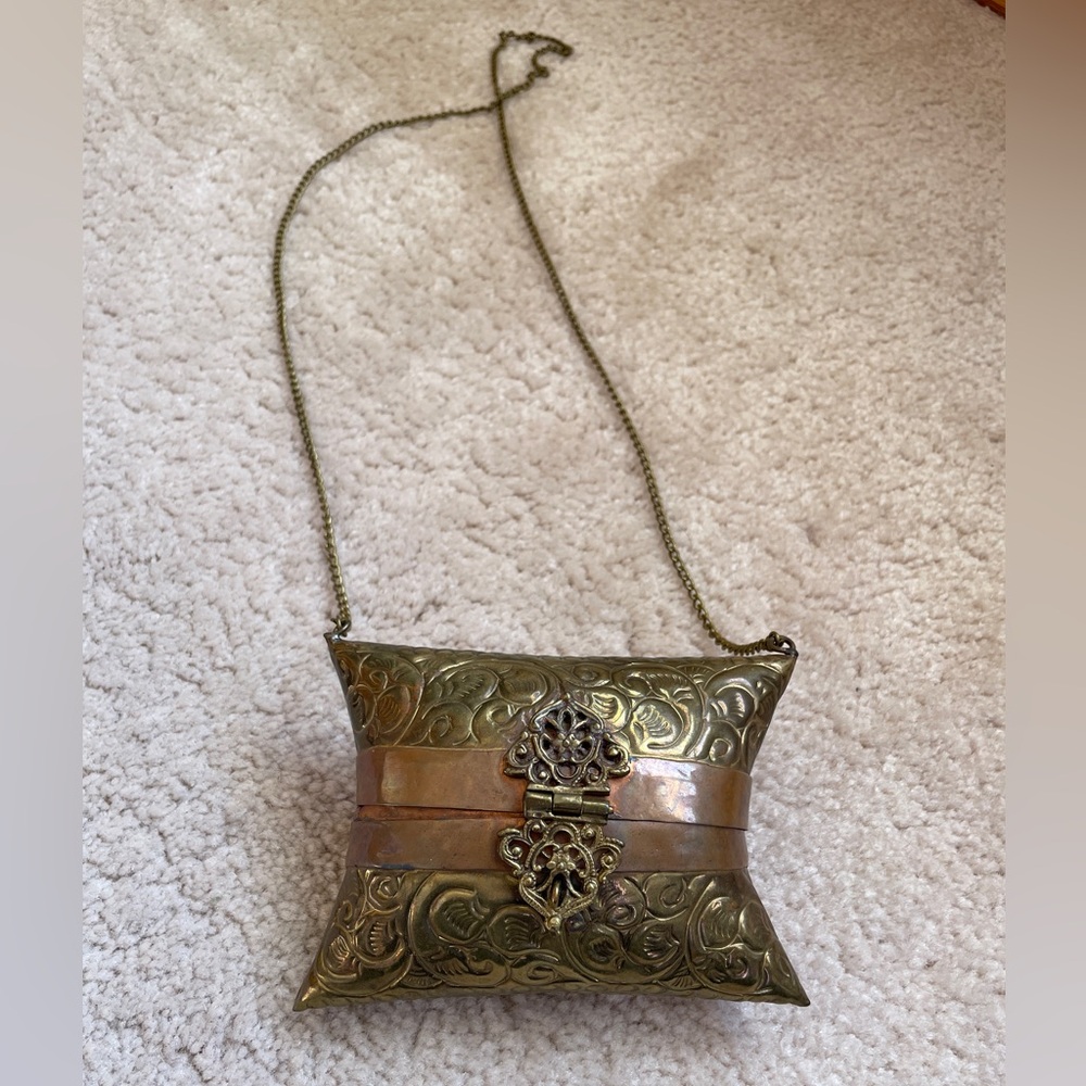 Vintage Ornate mini Brass/Copper Pillow style evening bag handcrafted in India. - Picture 2 of 10